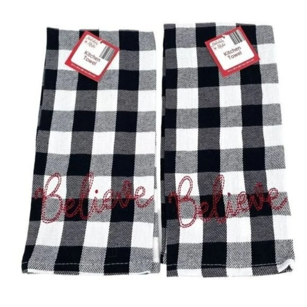 Black and White Buffalo Check Embroidered Holiday Kitchen Towel Set